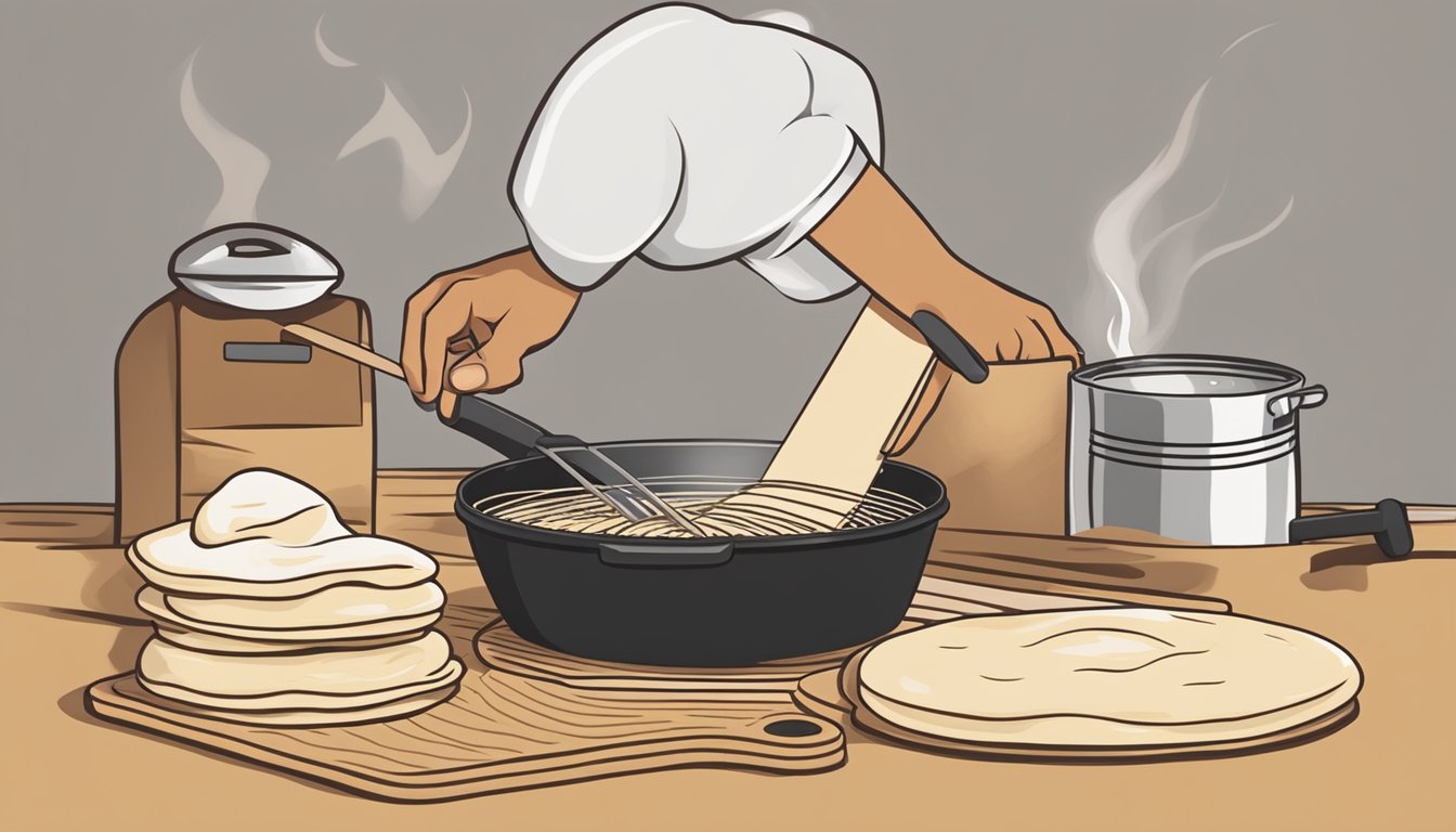 A pair of hands kneading dough, a rolling pin flattening it, and a skillet cooking the tortillas over a flame