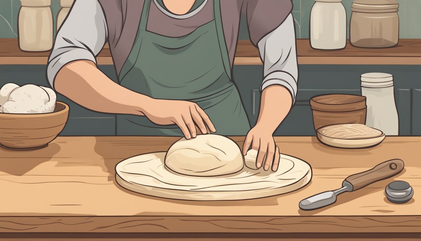 A person kneading sourdough on a wooden countertop, with various ergonomic tools nearby to promote healthy baking