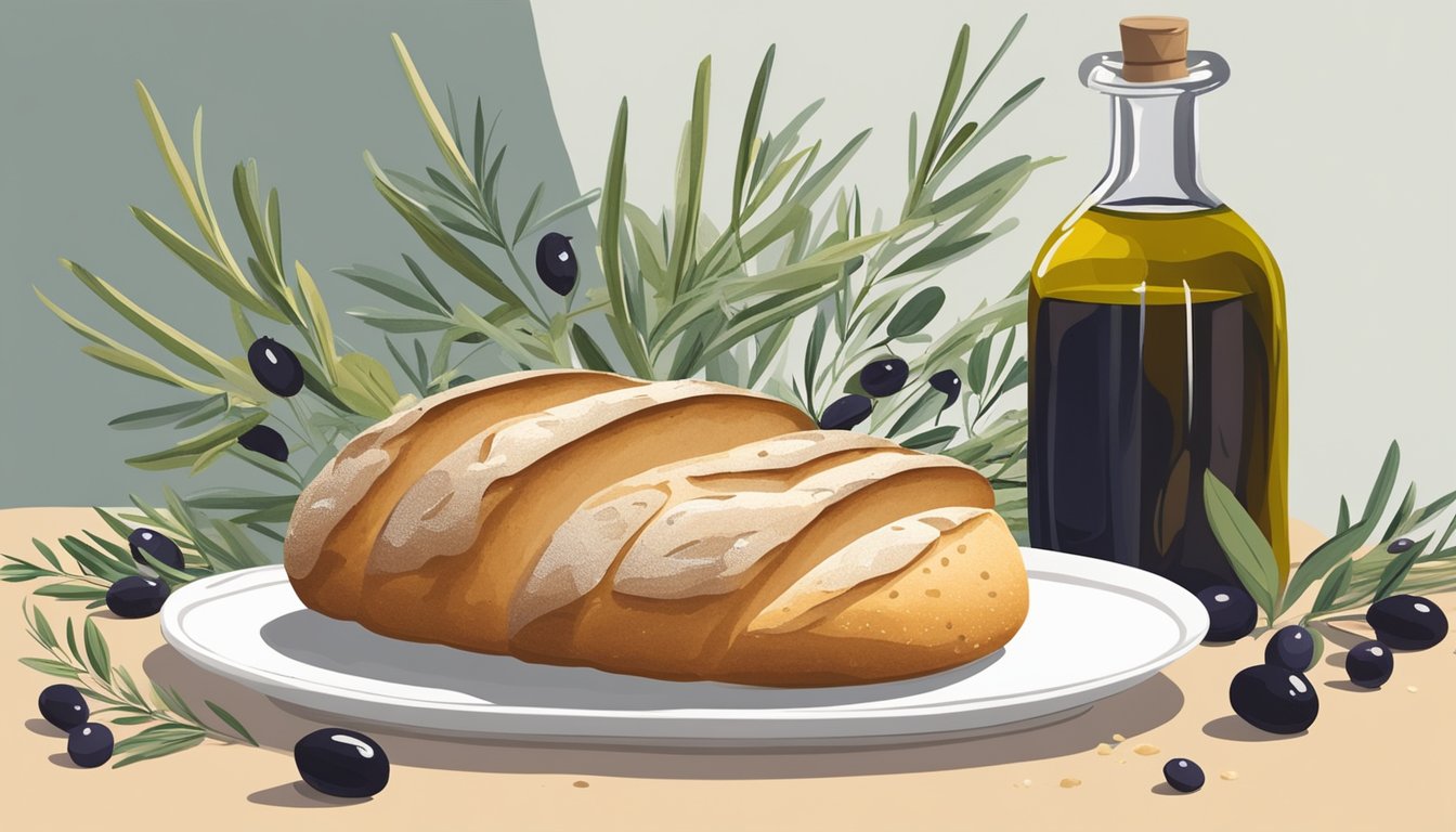 A rustic loaf of sourdough bread sits beside a small dish of olive oil, surrounded by sprigs of fresh herbs and a scattering of olives