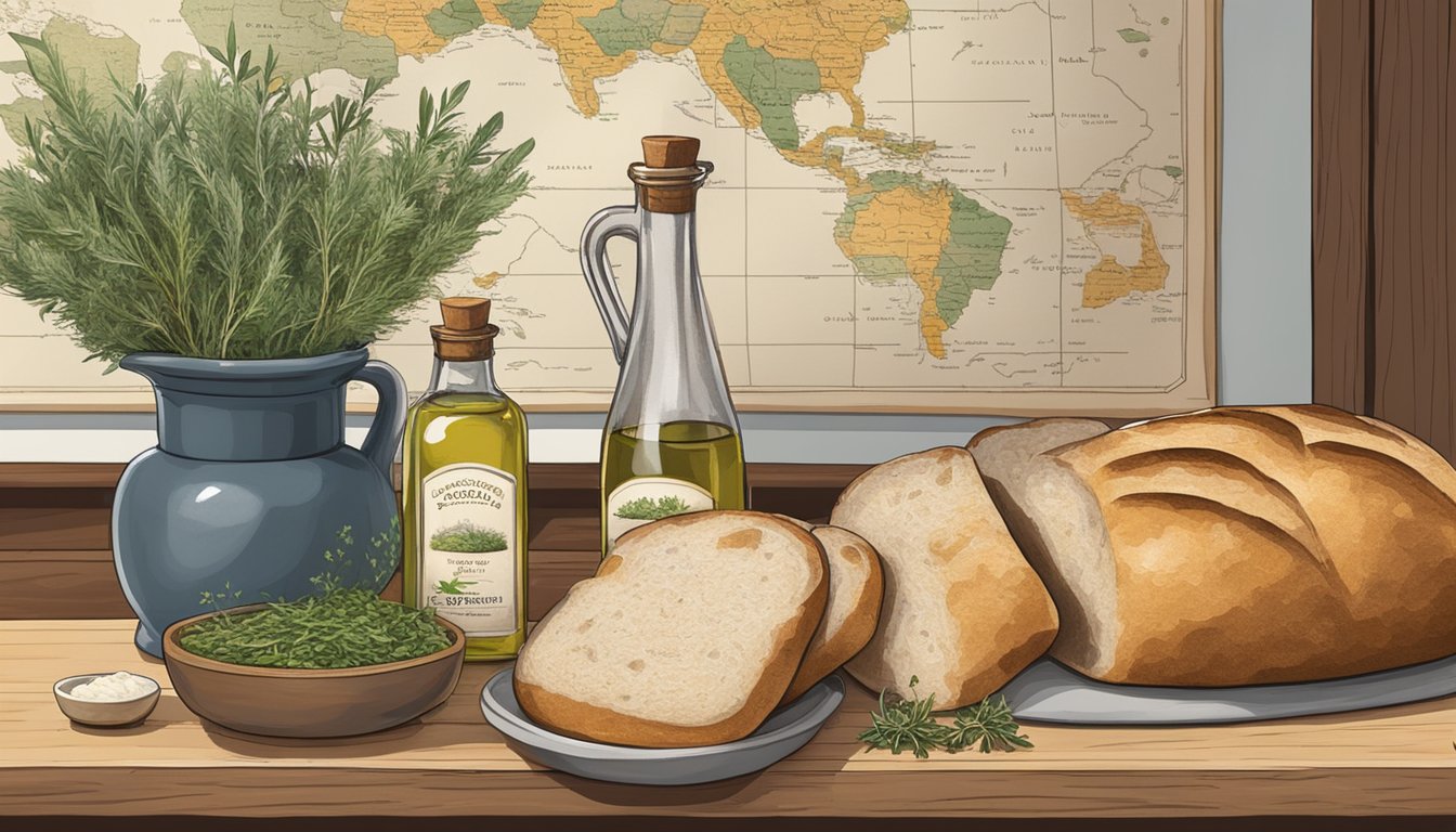 A rustic kitchen counter displays a loaf of sourdough bread next to a bottle of olive oil, surrounded by fresh herbs and a map of regional pairings