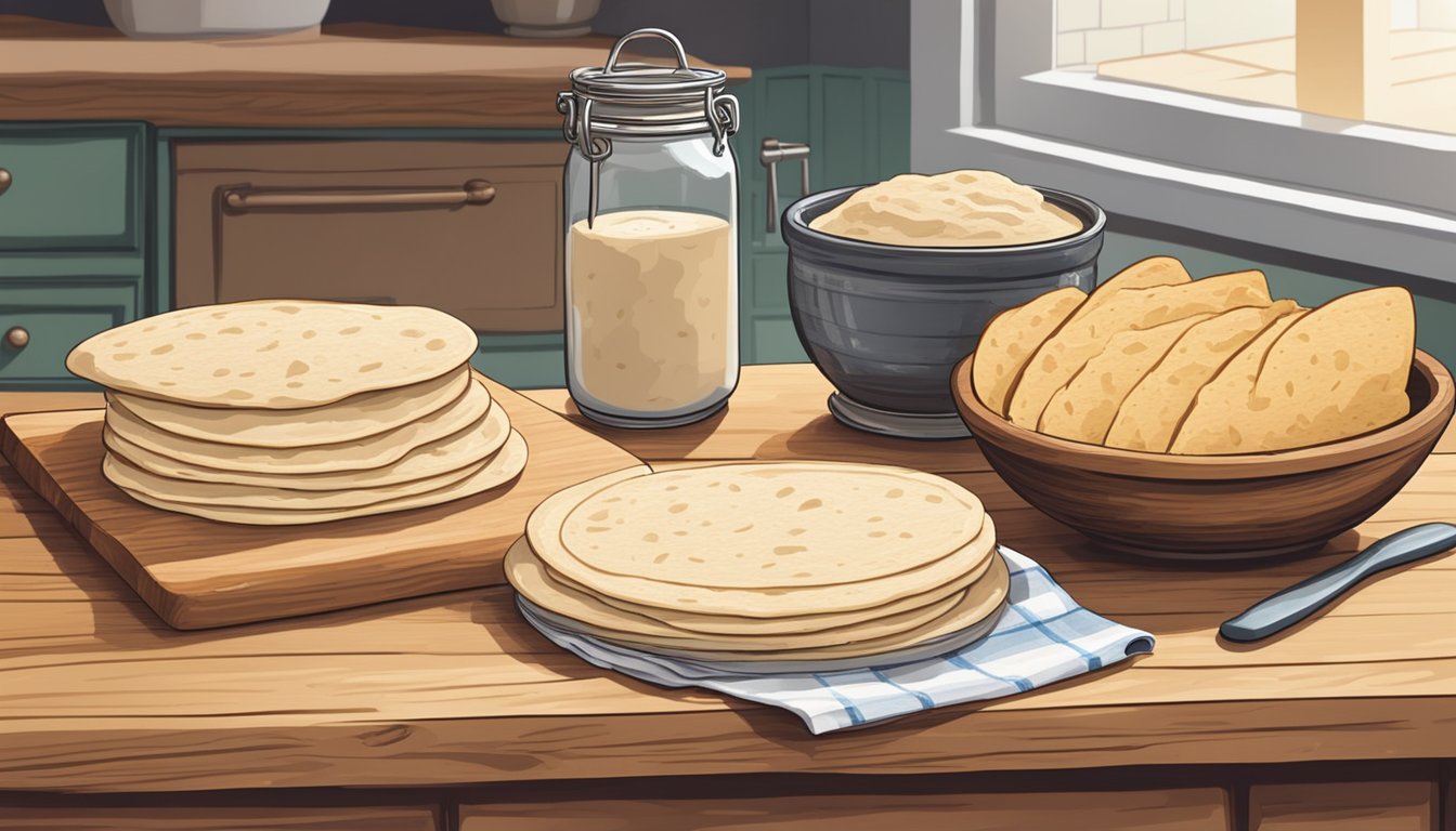 A rustic kitchen counter with a wooden cutting board, a rolling pin, a bowl of sourdough starter, and a stack of freshly made sourdough tortillas