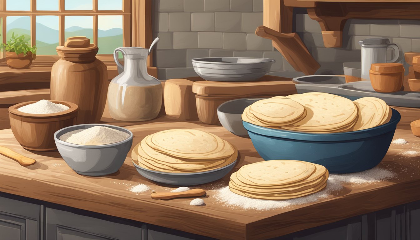 A rustic kitchen with a wooden table covered in flour, a mixing bowl, a rolling pin, and a stack of freshly made sourdough tortillas