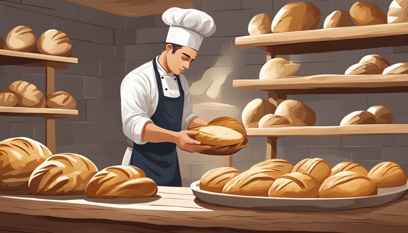 A rustic bakery with shelves of golden sourdough loaves, a baker kneading dough, and a chef delicately plating a gourmet dish with sourdough as the star ingredient