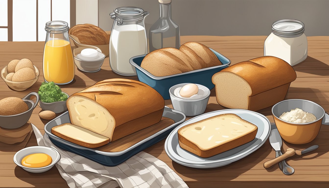 A wooden table with assorted ingredients and kitchen utensils, a loaf of stale bread being sliced, a mixing bowl with eggs and milk, and a baking dish ready to be filled