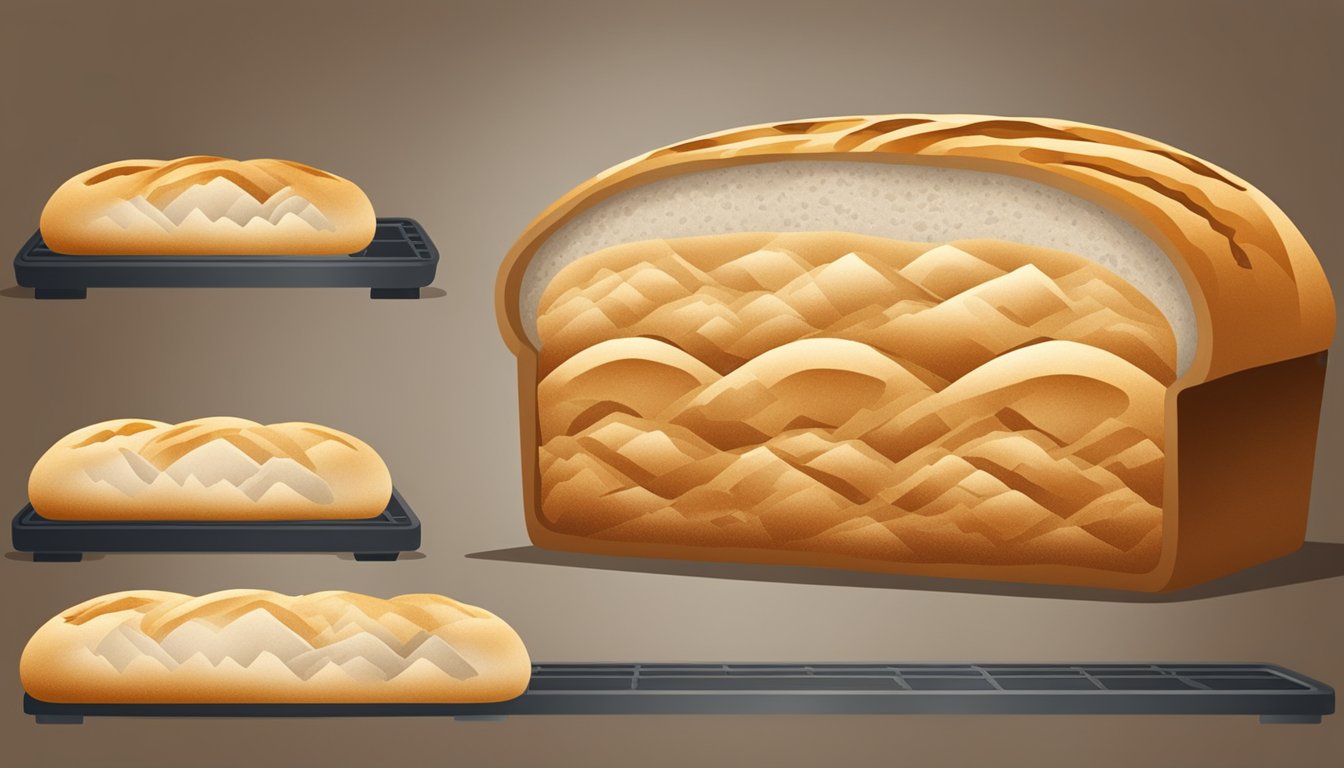 A loaf of bread with different scoring patterns, placed on a baking stone inside a hot oven. The bread is expanding and the crust is developing