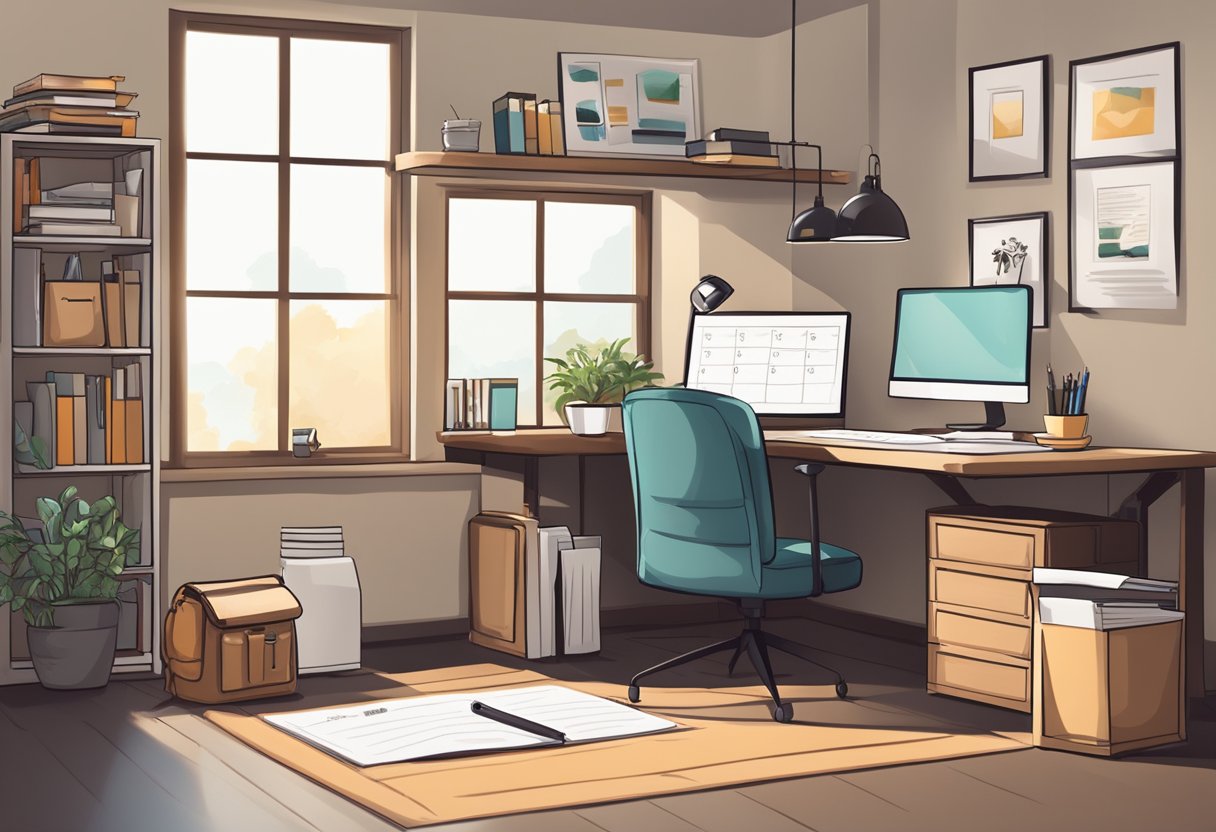 A cozy home office with a desk, computer, planner, and coffee mug. A calendar on the wall and a stack of notebooks for brainstorming