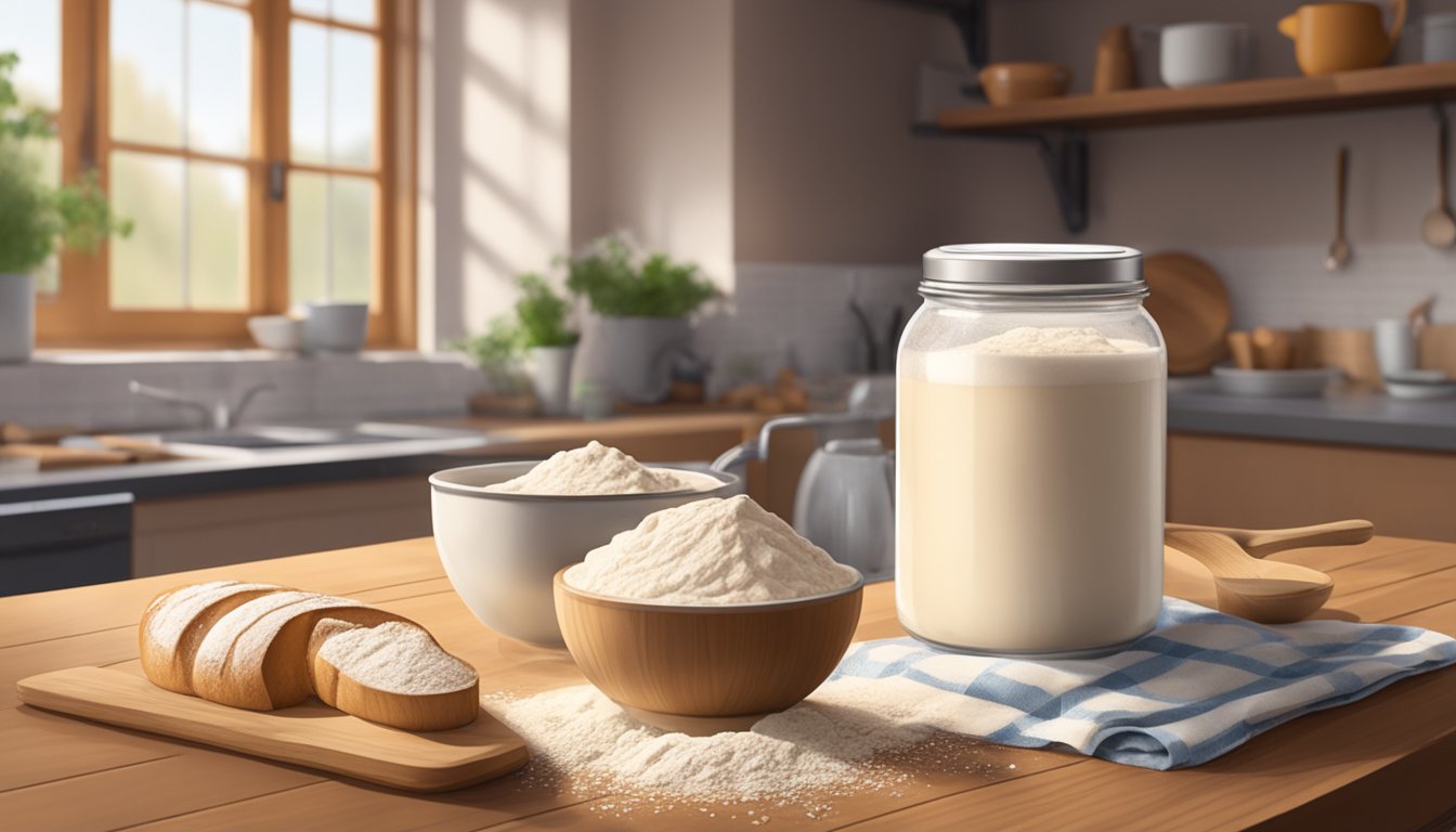 A bubbling jar of sourdough starter sits on a wooden table, surrounded by flour, a mixing bowl, and a whisk. A warm, cozy kitchen is visible in the background