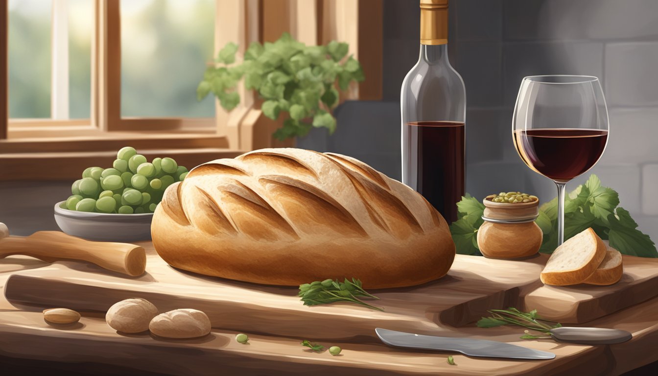 A rustic loaf of sourdough bread sits on a wooden cutting board, surrounded by fresh ingredients and a glass of wine in an elegant fine dining setting