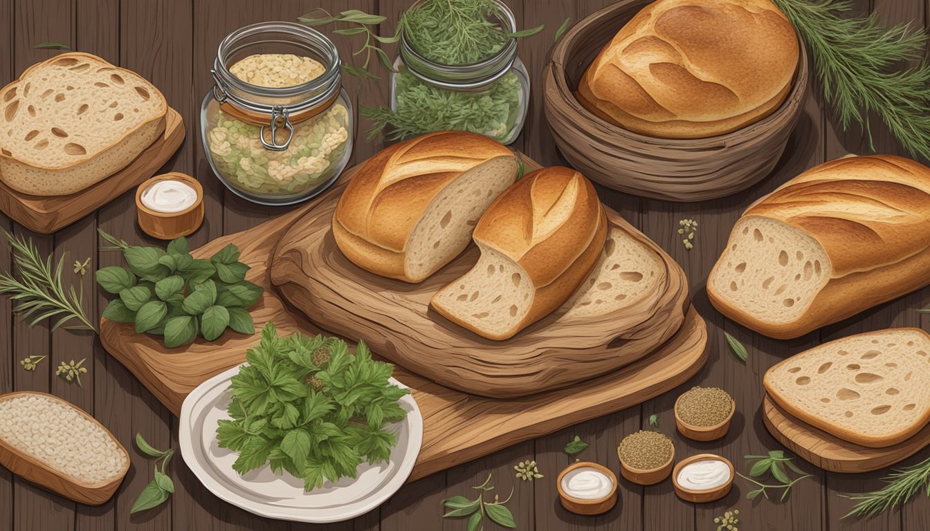 A rustic wooden table adorned with a variety of artisanal sourdough loaves, surrounded by fresh herbs, grains, and jars of homemade spreads