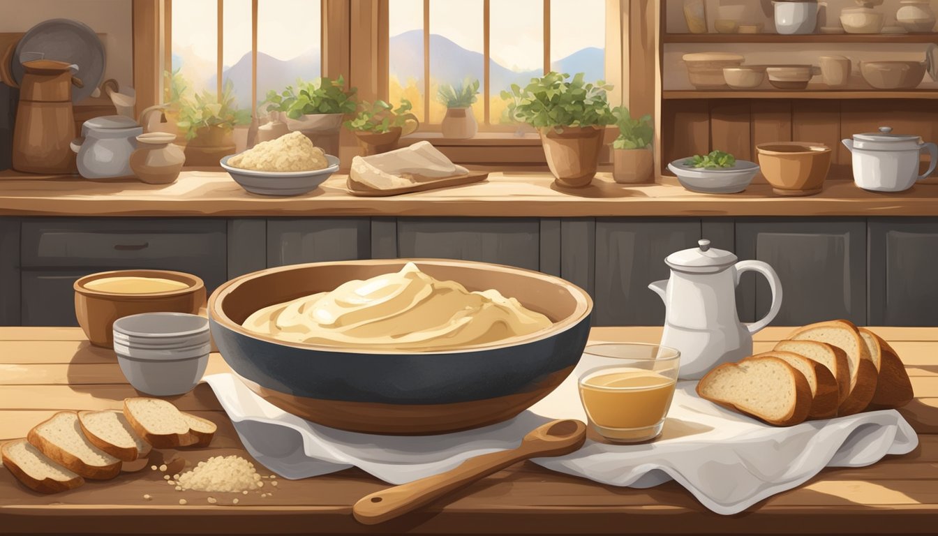 A rustic kitchen with a wooden table covered in ingredients and a mixing bowl filled with chunks of stale sourdough bread soaked in a creamy custard mixture