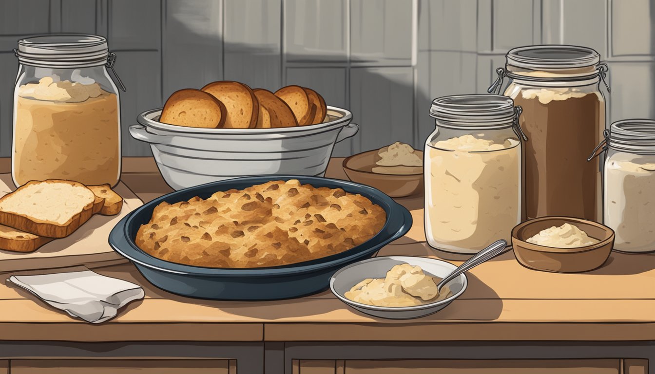 A rustic kitchen counter with a bowl of stale bread, jars of sourdough starter and ingredients, and a baking dish filled with golden brown sourdough bread pudding