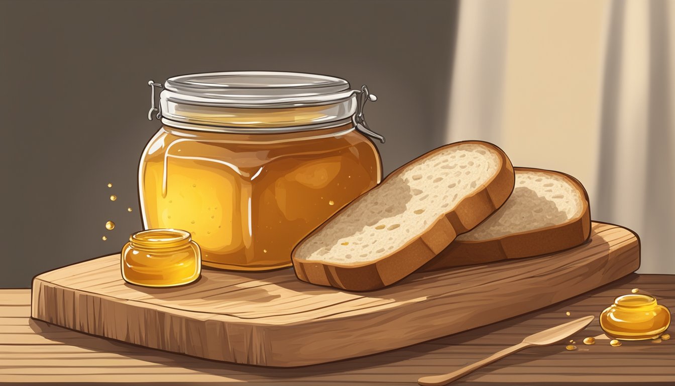 A rustic loaf of sourdough bread sits on a wooden cutting board next to a jar of golden honey, with a few drops of honey drizzling onto the bread