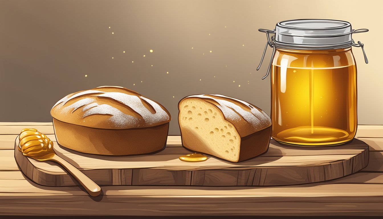 A rustic table adorned with a freshly baked honey sourdough bread loaf, accompanied by a jar of golden honey oozing onto a wooden board