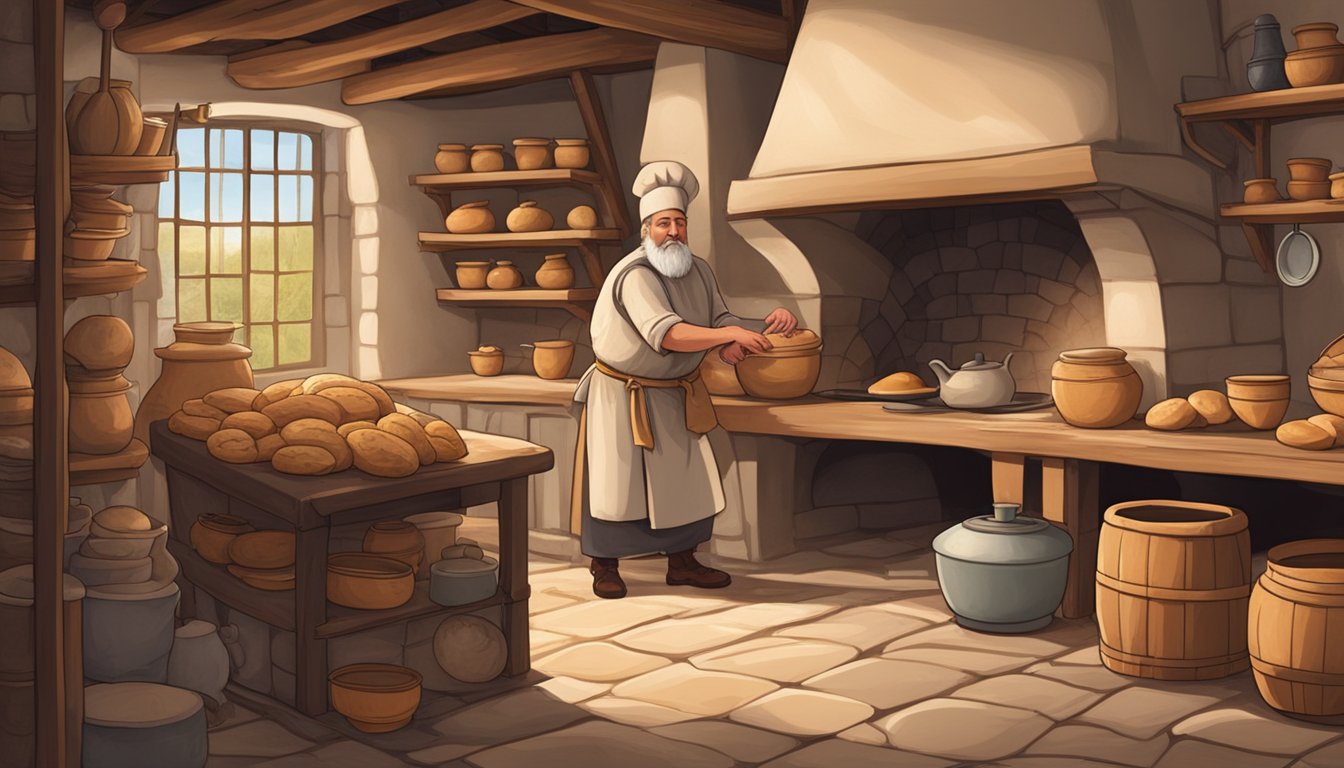 A medieval kitchen with a wood-burning oven, shelves of clay pots, and a baker kneading sourdough bread dough