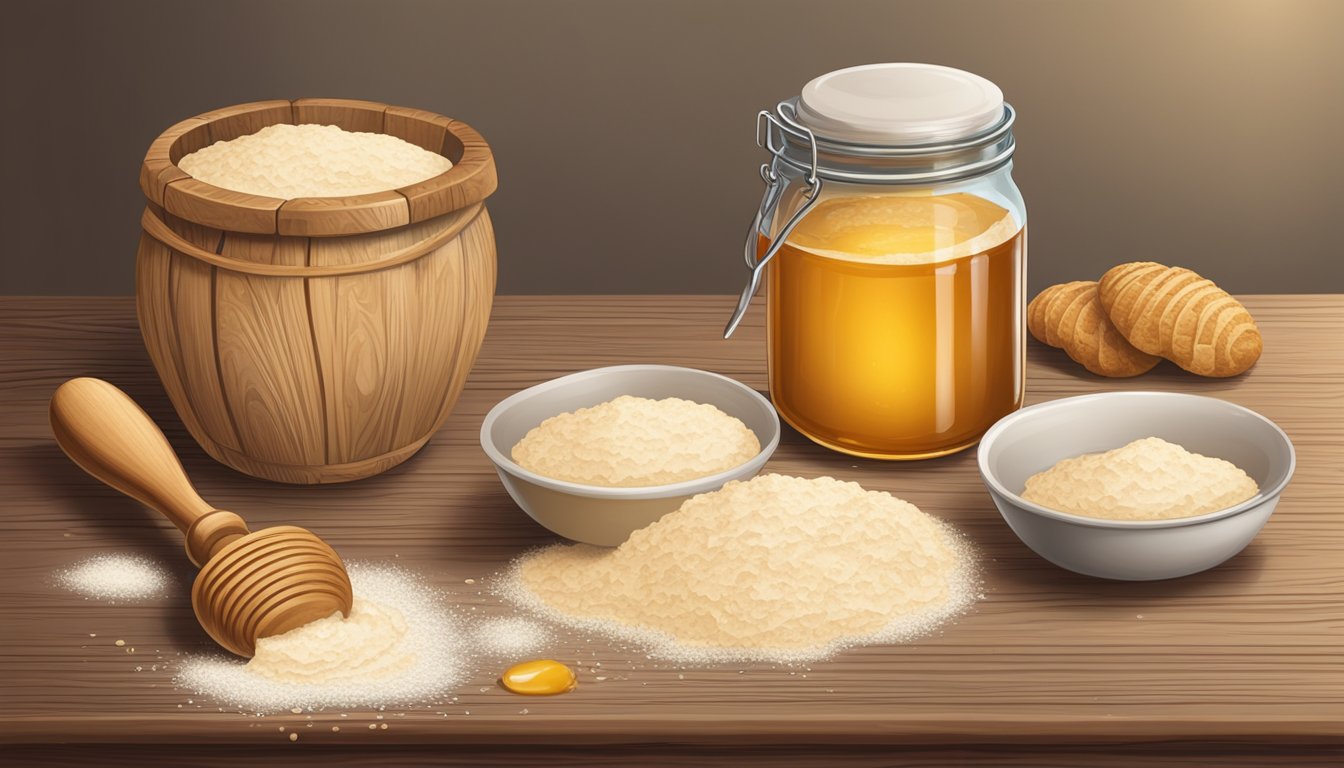 A rustic wooden table with scattered flour, a bowl of sourdough starter, a jar of honey, and a rolling pin