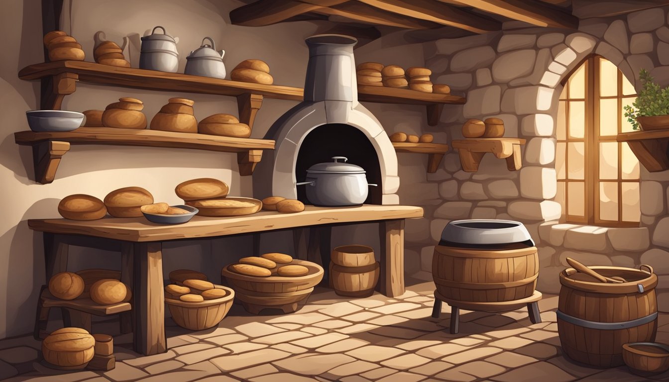 A medieval kitchen with a stone oven, wooden kneading table, and various tools for baking sourdough bread