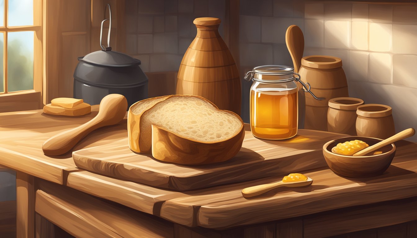 A rustic kitchen with a wooden table, a loaf of sourdough bread, a jar of honey, and a honey dipper, bathed in warm natural light