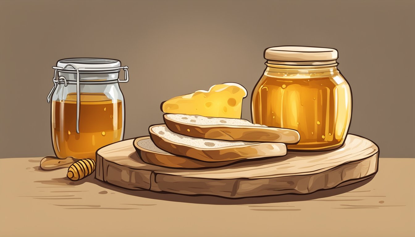 A rustic loaf of sourdough bread sits next to a jar of honey, with a few honey drips on the table