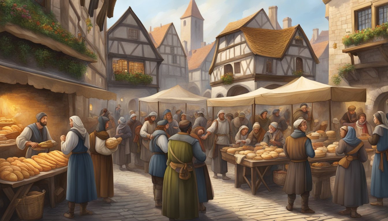 A bustling medieval marketplace with vendors selling sourdough bread, surrounded by people from various social classes