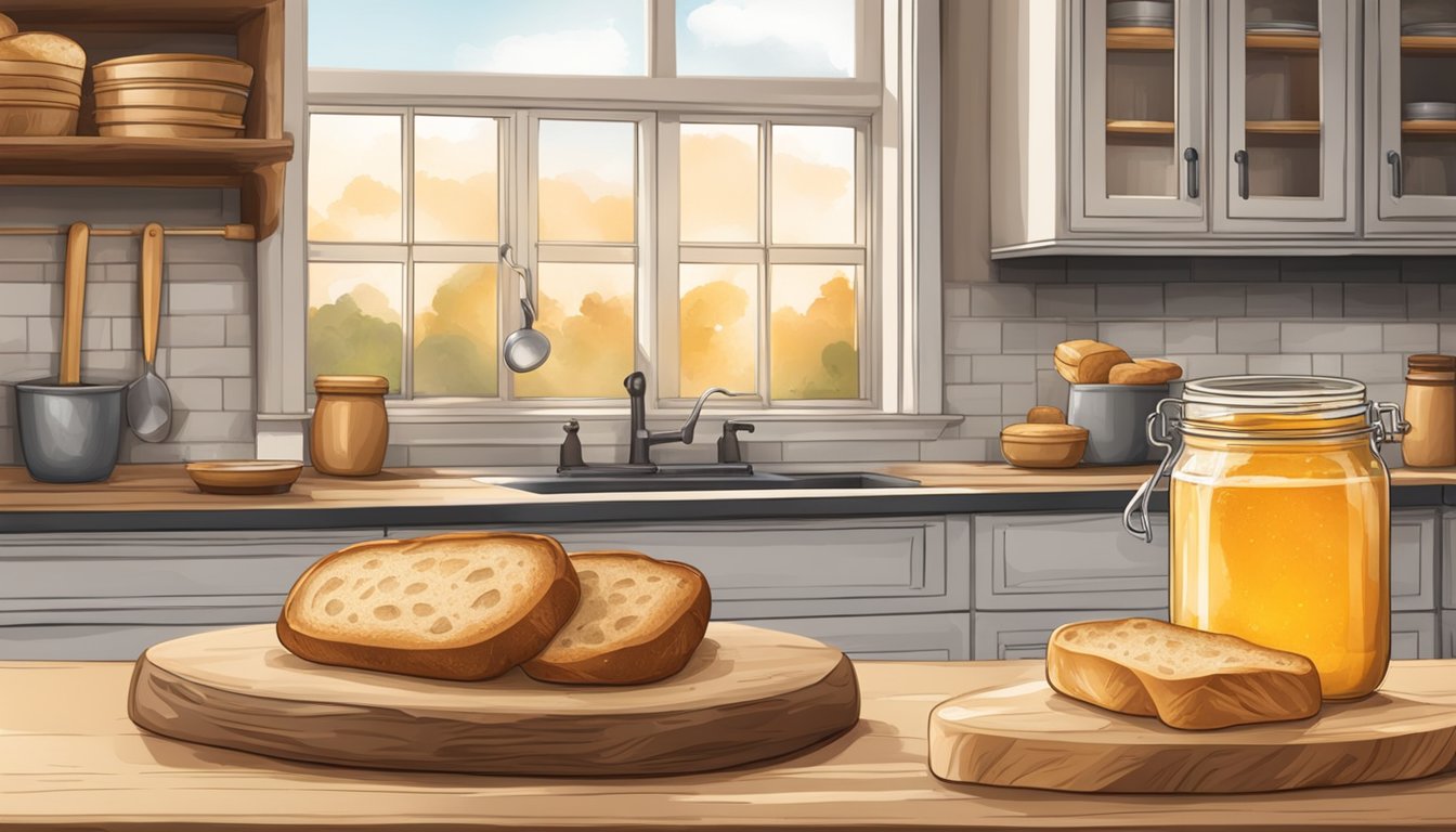 A rustic kitchen counter with a mason jar of bubbling sourdough starter, a loaf of freshly baked sourdough bread, and a jar of golden honey