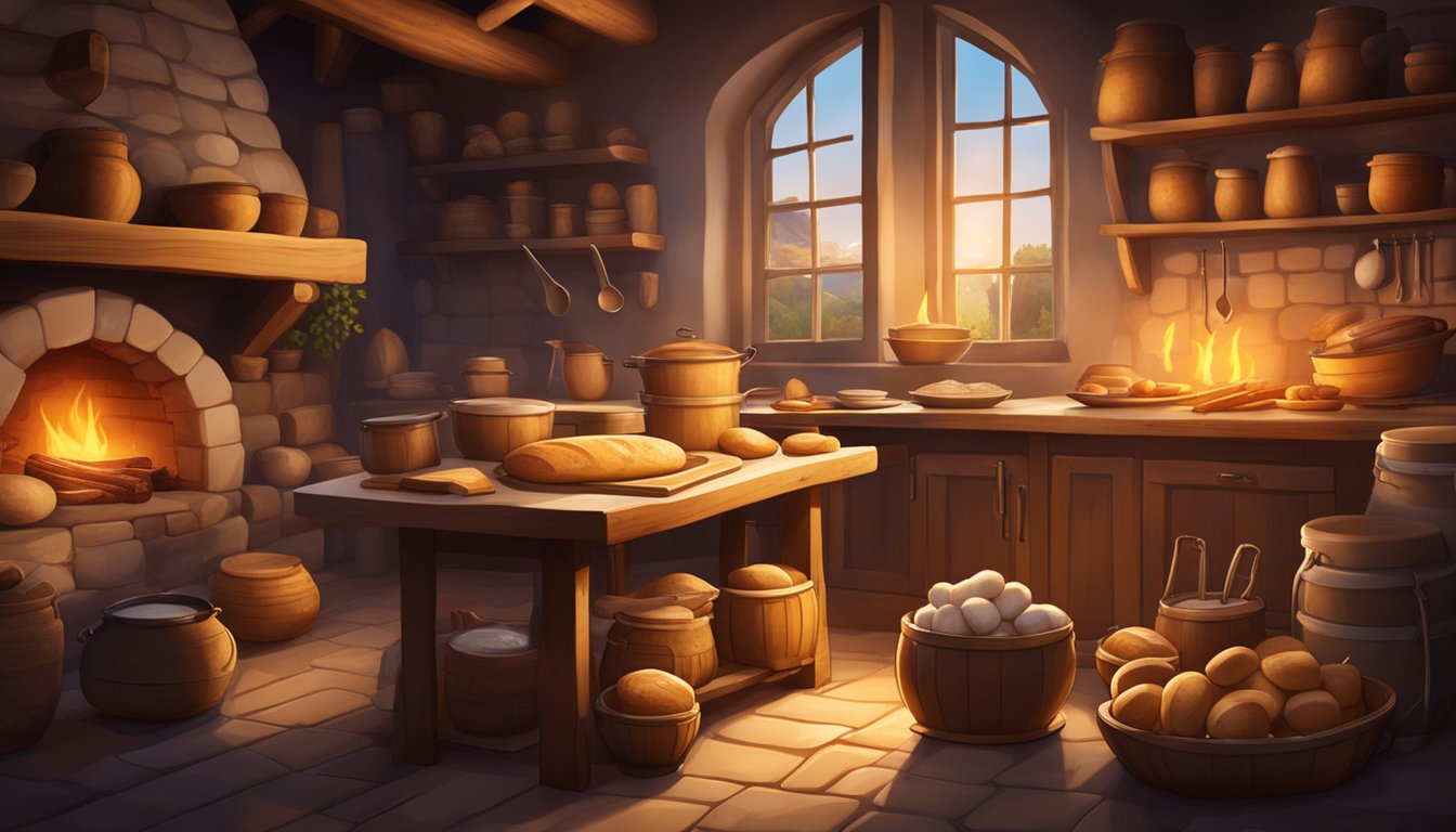 A medieval kitchen with a wooden table covered in sourdough bread loaves, surrounded by various ingredients and cooking utensils. The warm glow of a fire illuminates the scene