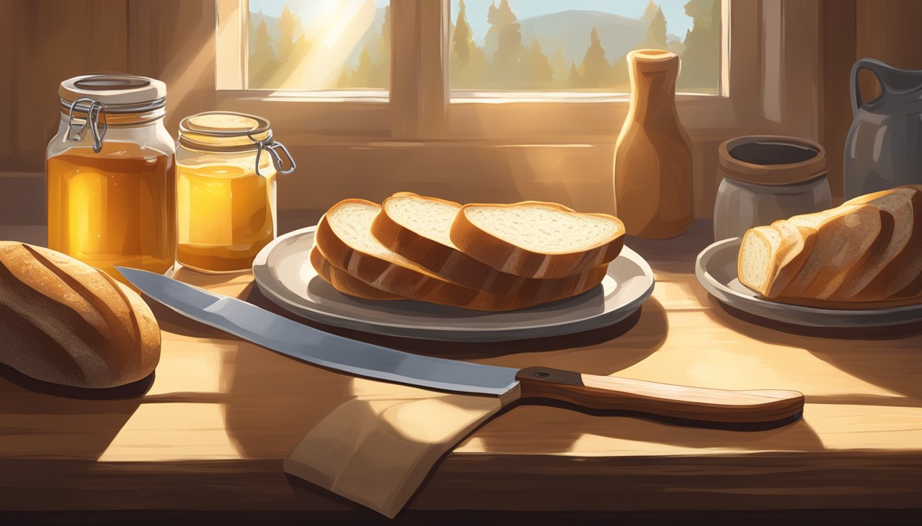 A rustic kitchen table with a freshly baked sourdough loaf, a jar of honey, and a knife. Sunlight streams through a nearby window, casting a warm glow on the scene