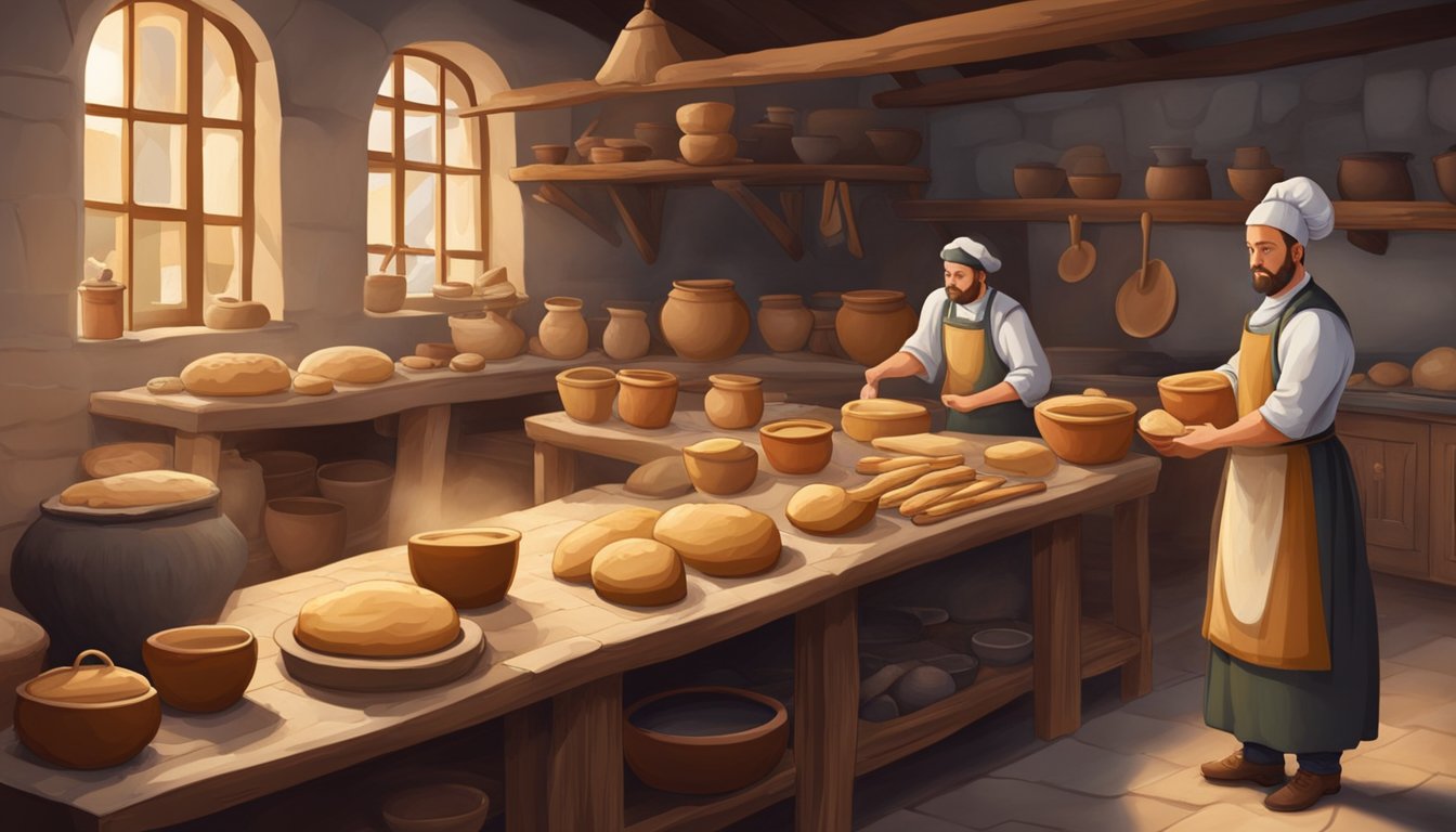 A medieval kitchen with a large hearth, wooden tables, and clay pots filled with sourdough starter. A baker kneads dough while others shape loaves for baking