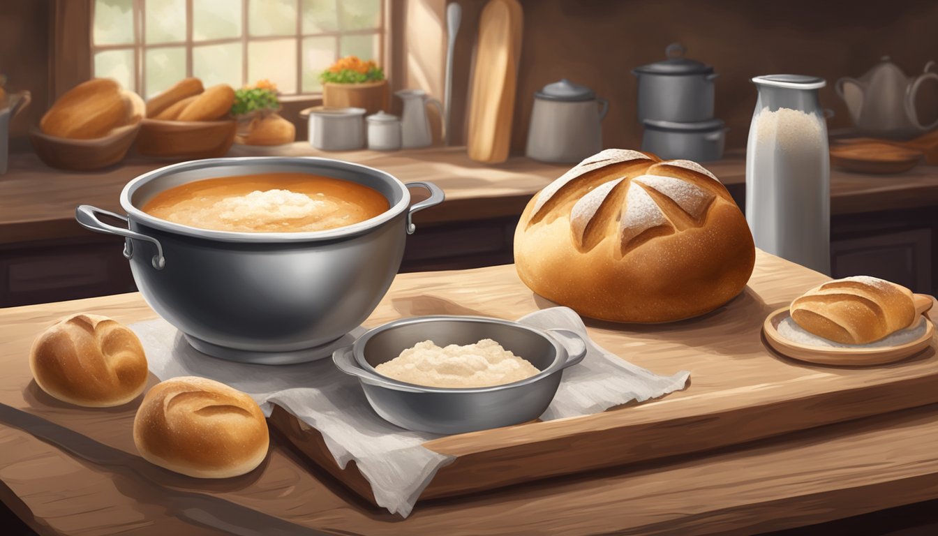 A rustic kitchen table with a freshly baked sourdough bread bowl filled with steaming soup, surrounded by flour, a rolling pin, and a mixing bowl