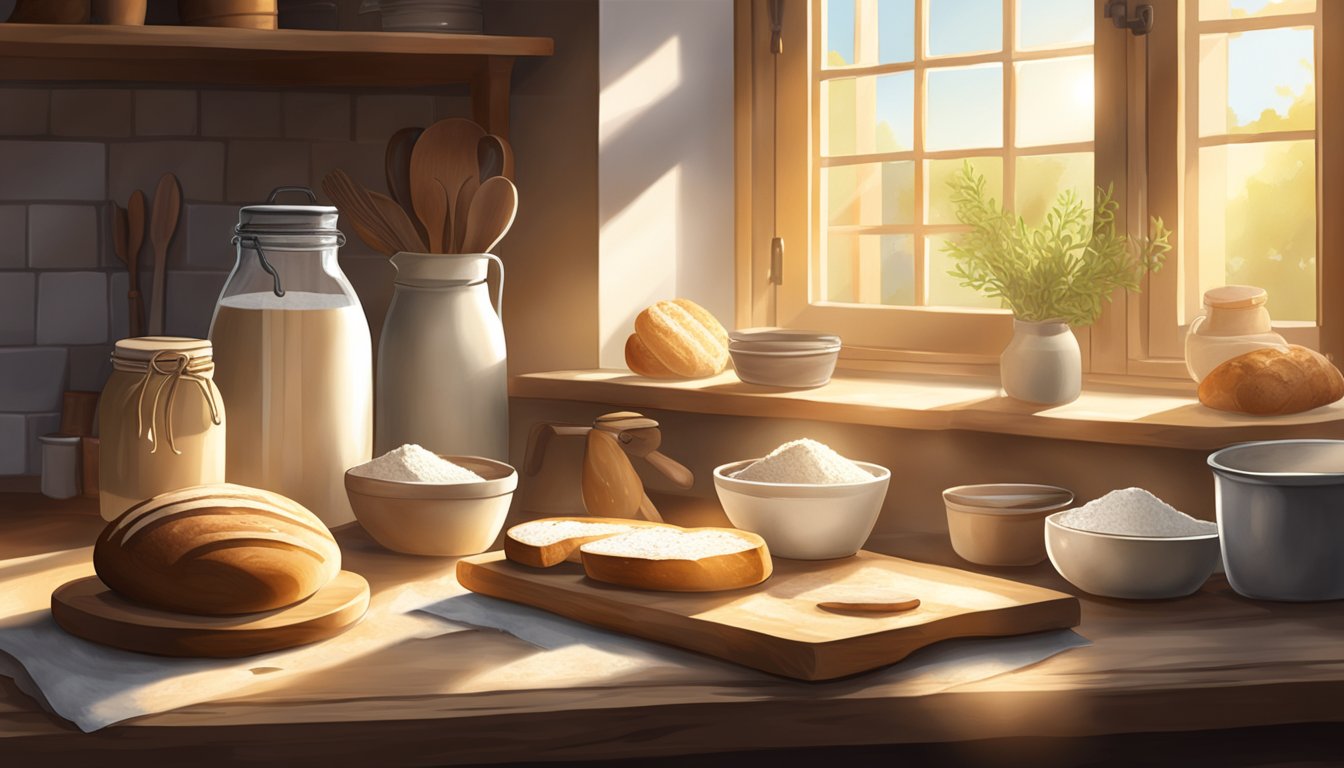 A rustic kitchen scene with a wooden table, a bag of flour, a jar of sourdough starter, and various baking tools. Sunlight streams in through a window, illuminating the ingredients