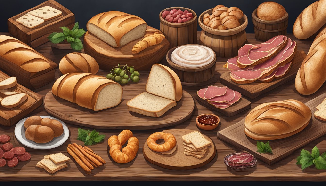 A rustic wooden table adorned with an assortment of freshly baked sourdough bread, a variety of cured meats, and an array of vibrant, fresh ingredients