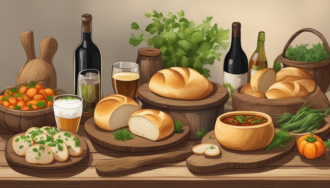 A rustic wooden table with a variety of sourdough bread bowls filled with steaming soups and stews, surrounded by fresh herbs, vegetables, and a selection of wine and beer