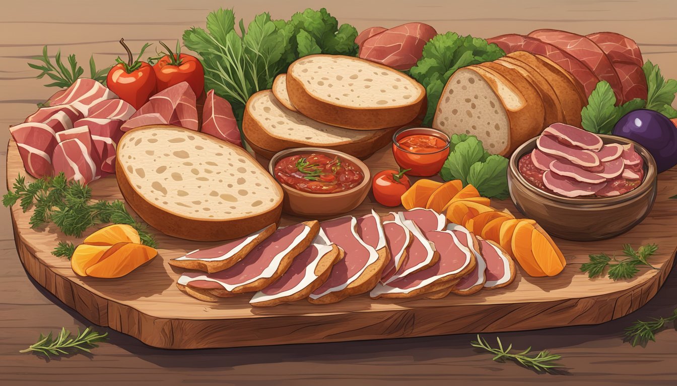 A rustic wooden board adorned with a variety of sliced cured meats and wedges of tangy sourdough bread, accented with vibrant herbs and colorful pickled vegetables