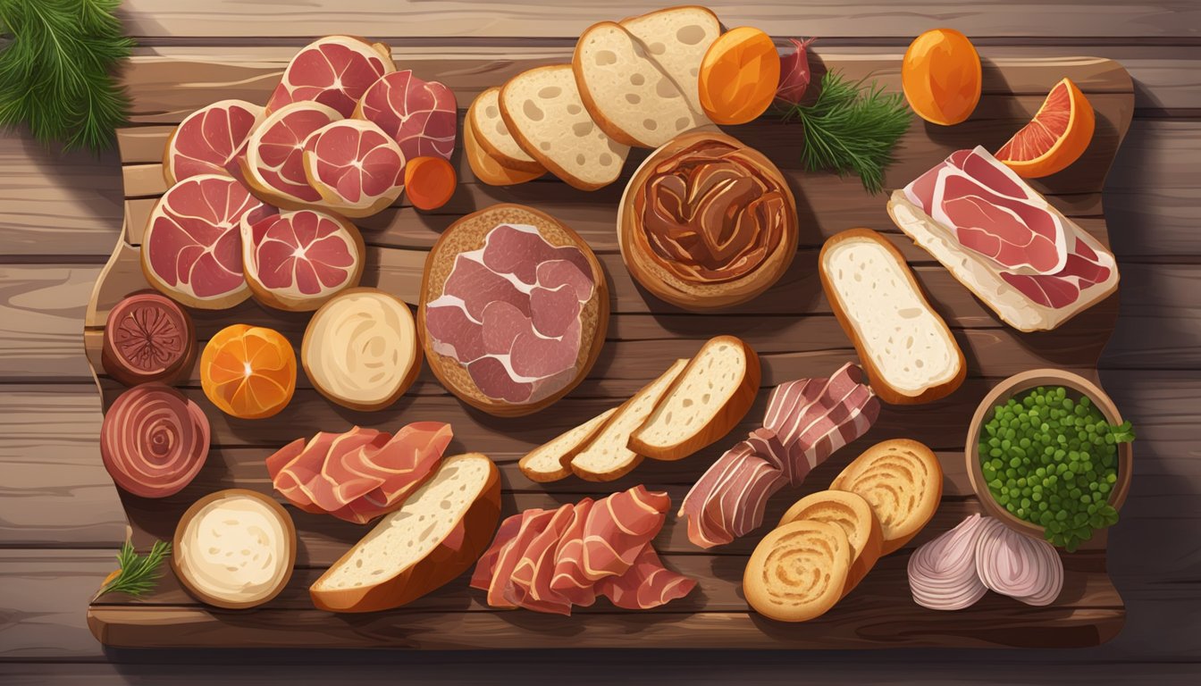 A rustic wooden board is adorned with a variety of sliced sourdough bread and an assortment of cured meats, arranged in an elegant and appetizing display