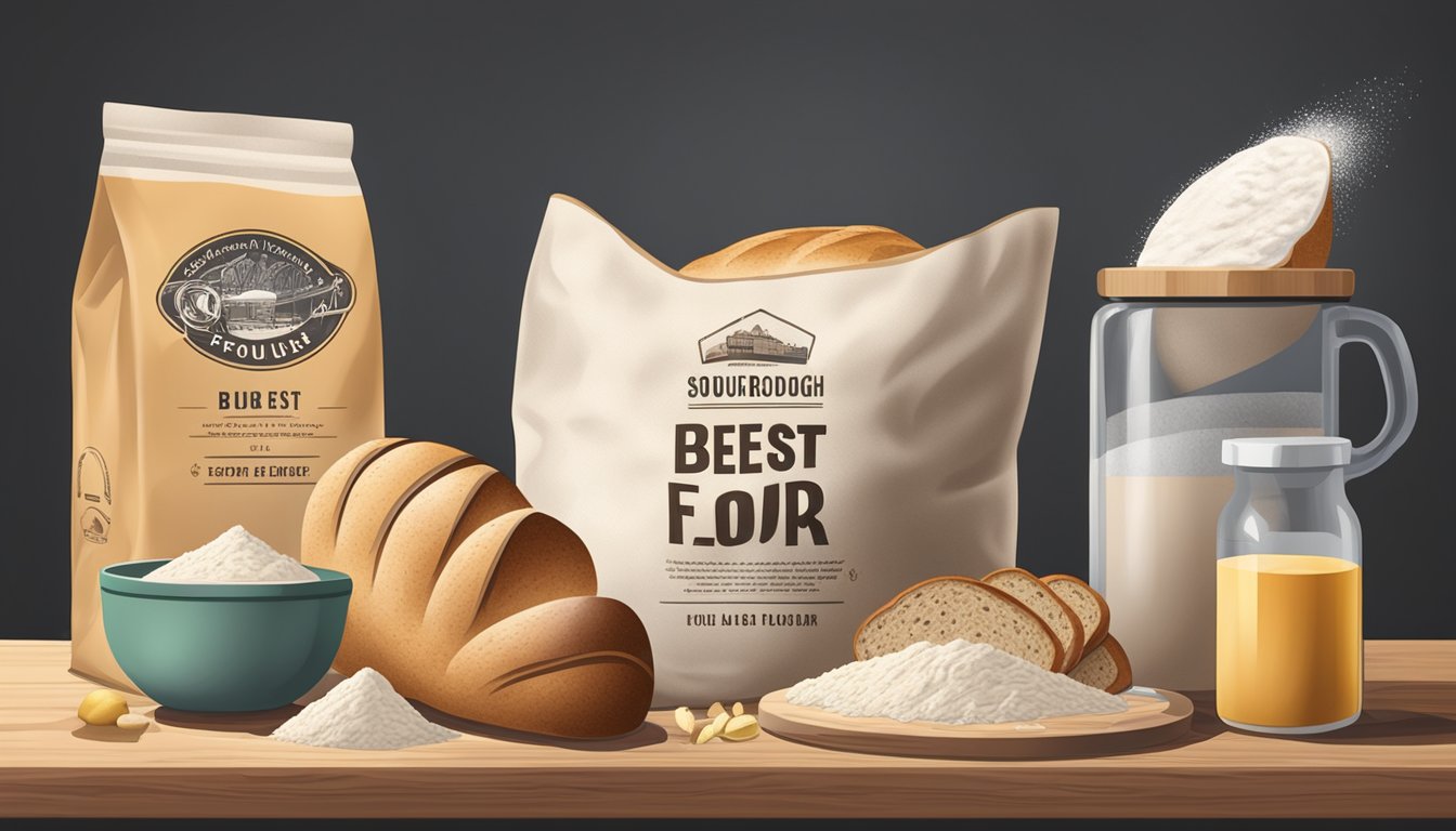 A bag of flour with a best before date, surrounded by various sourdough ingredients and a loaf of bread