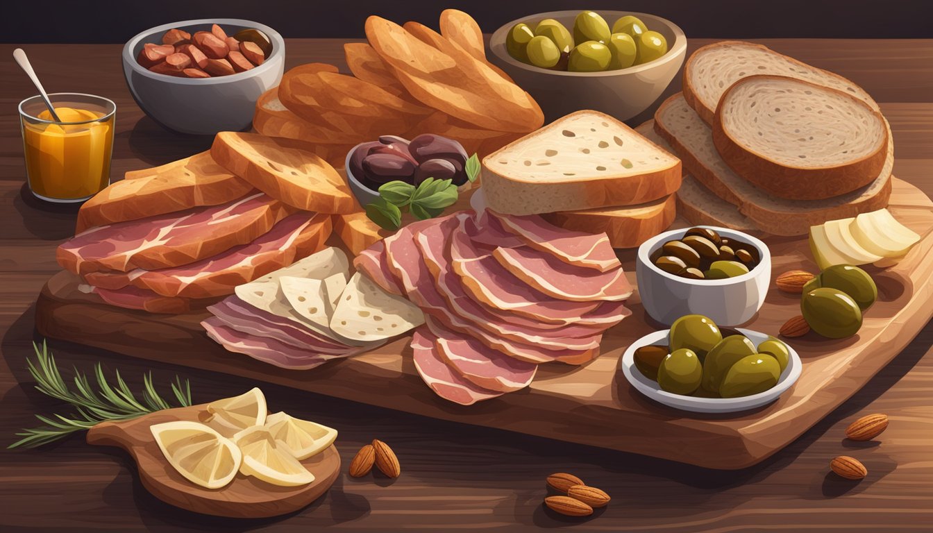 A rustic wooden board adorned with a variety of sliced cured meats, wedges of sourdough bread, and an assortment of accompaniments such as olives, pickles, and nuts