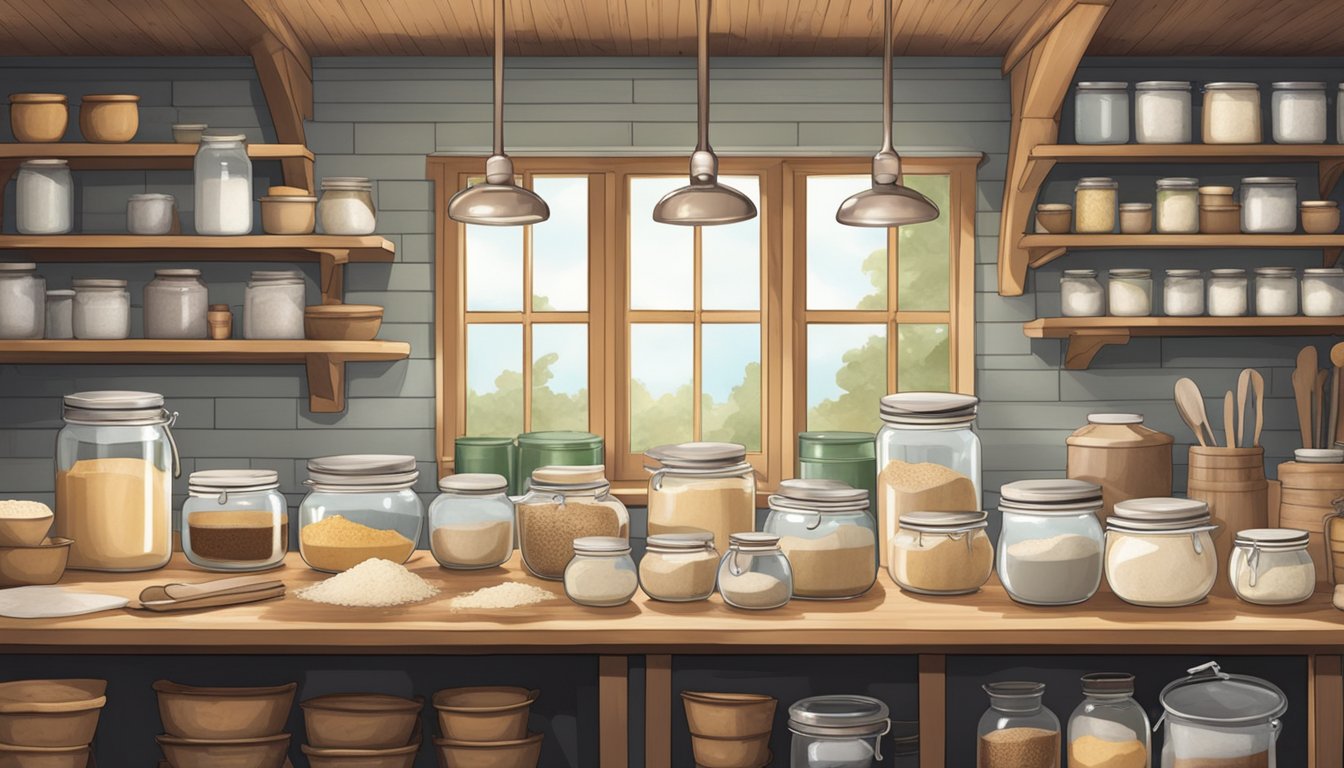 A rustic kitchen with open shelves displaying jars of sourdough starter cultures and bags of fresh flour. A baker's table is cluttered with mixing bowls, dough, and various baking tools