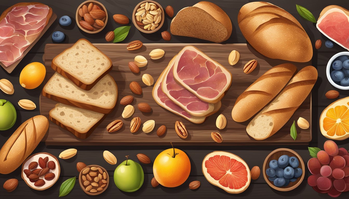 A rustic wooden board is adorned with an array of freshly baked sourdough bread, assorted cured meats, and an assortment of colorful fruits and nuts