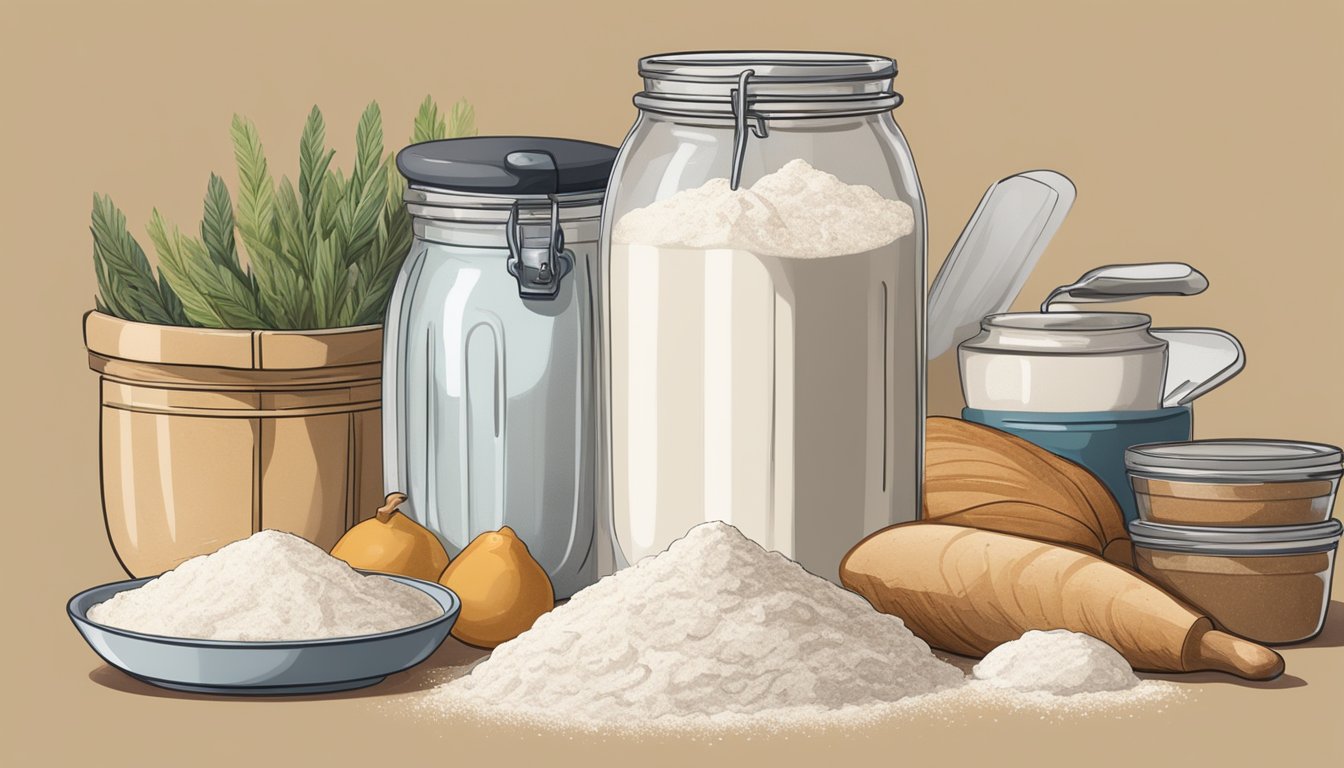 A bag of flour sits open on a kitchen counter, surrounded by various ingredients and utensils. A sourdough starter bubbles in a jar nearby