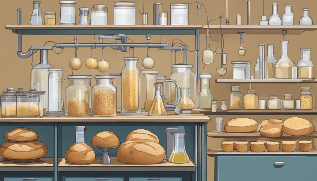 A scientific laboratory with beakers, test tubes, and molecular models, showcasing the process of creating sourdough bread and highlighting its nutritional advantages