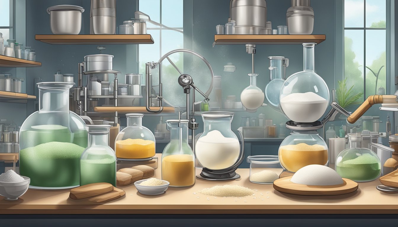 A laboratory setting with various scientific equipment and ingredients, including flour, water, and a sourdough starter. Researchers are experimenting with molecular gastronomy techniques to push the boundaries of traditional sourdough bread making