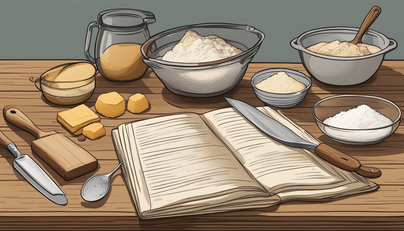 A rustic kitchen table with various sourdough baking tools and ingredients, including a starter, flour, and a recipe book open to a page on troubleshooting