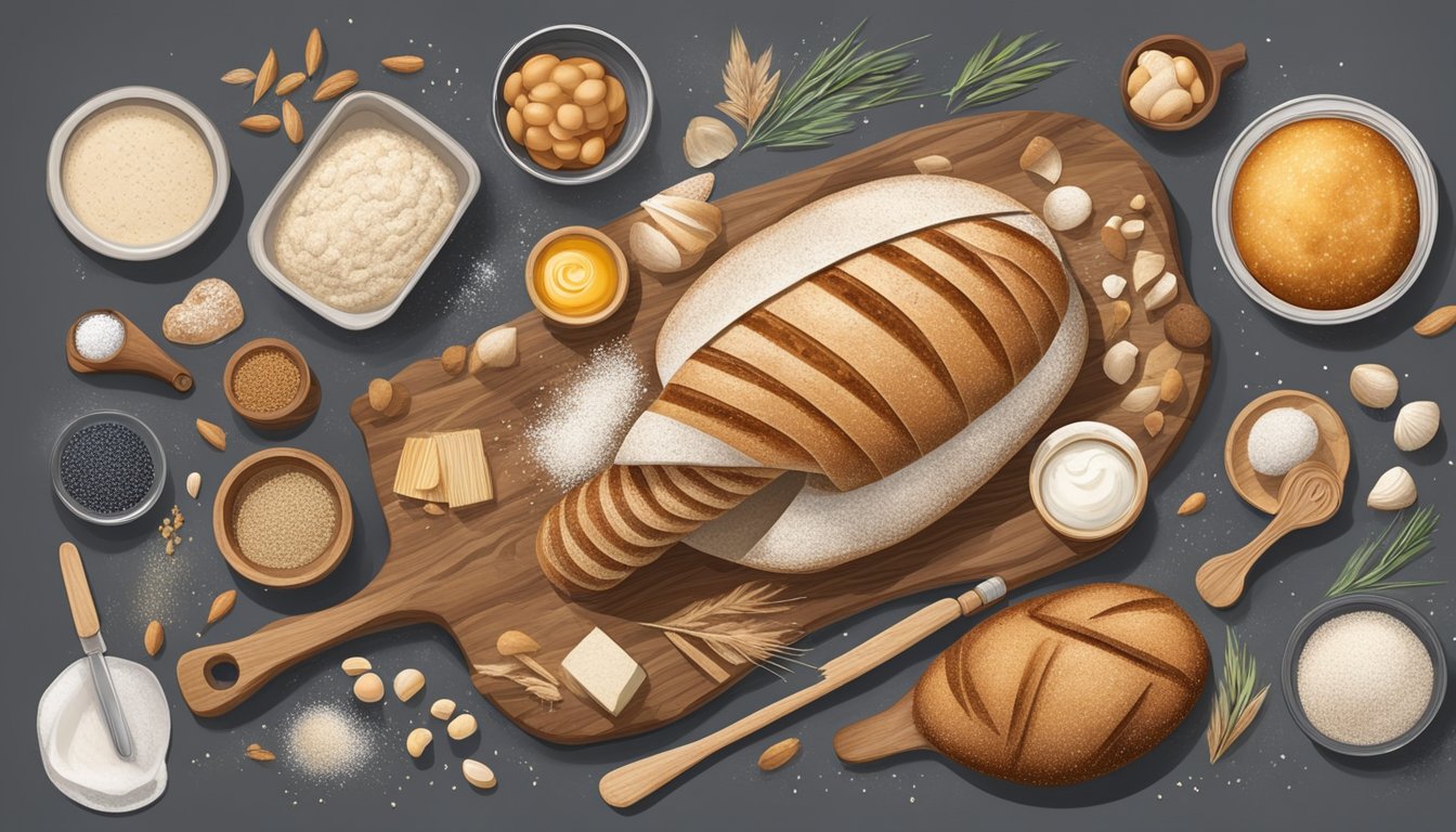 A rustic loaf of sourdough bread, surrounded by a variety of molecular gastronomy ingredients and tools, showcasing the fusion of traditional baking with modern culinary techniques