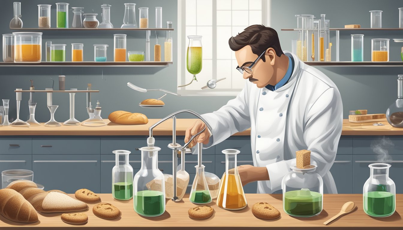 A laboratory setting with test tubes, beakers, and scientific equipment, with a piece of sourdough bread being analyzed and manipulated by a molecular gastronomy chef