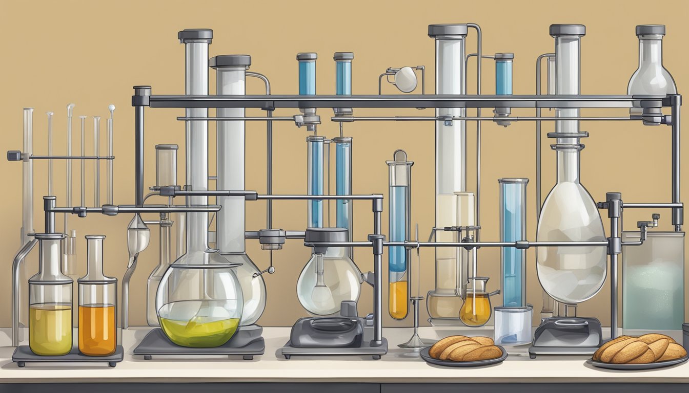 A laboratory setup with test tubes, beakers, and scientific equipment used for analyzing sourdough bread in molecular gastronomy