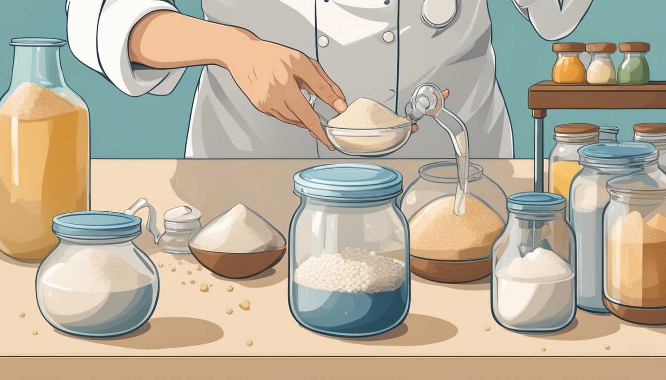 A bubbling sourdough starter sits in a glass jar, surrounded by scientific equipment and ingredients. A chef's hand reaches for a vial of yeast