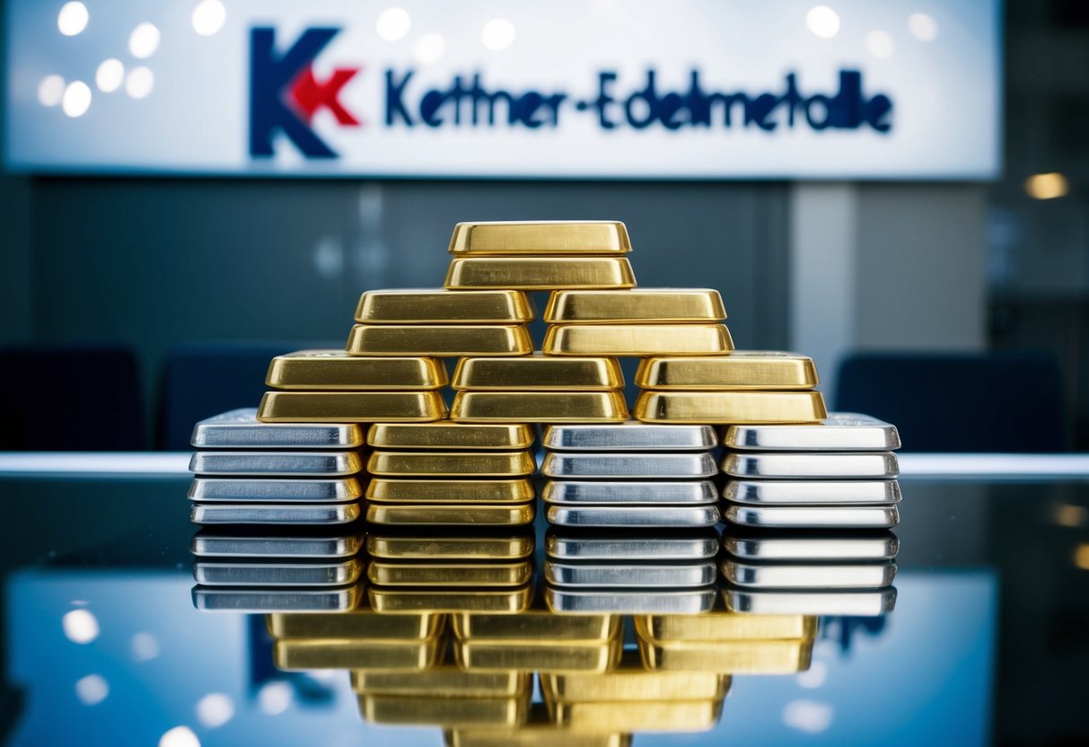 Ein Stapel von Gold- und Silberbarren, die auf einer reflektierenden Oberfläche angeordnet sind, mit einem Logo von Kettner-Edelmetalle im Hintergrund.