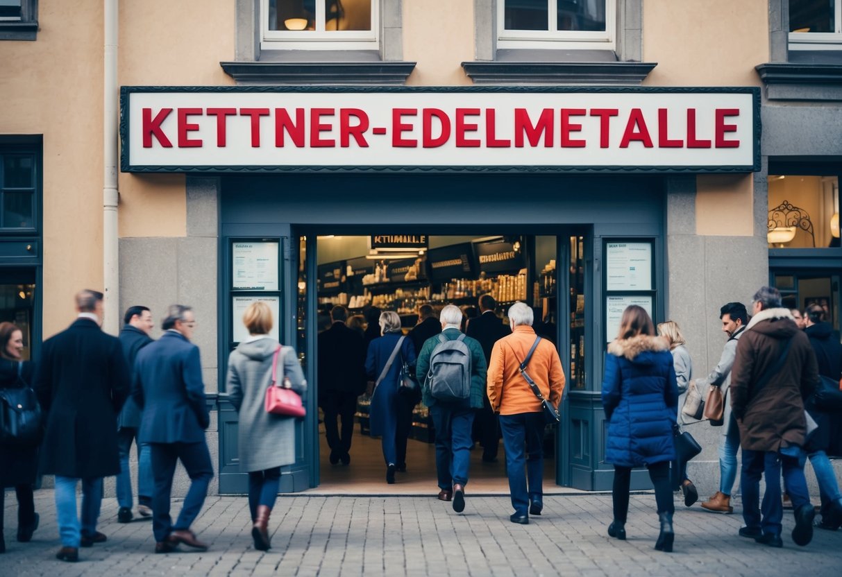 Ein historisches Gebäude mit einem auffälligen Schild, auf dem "Kettner-Edelmetalle" steht, und einer Reihe von Kunden, die den Laden betreten, mit einem Gefühl von Vertrauen und Zuverlässigkeit in der Luft.