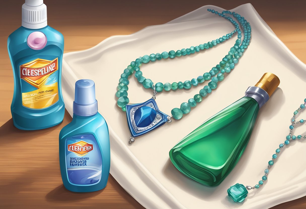 A necklace lies on a table next to a bottle of stain remover and a cloth