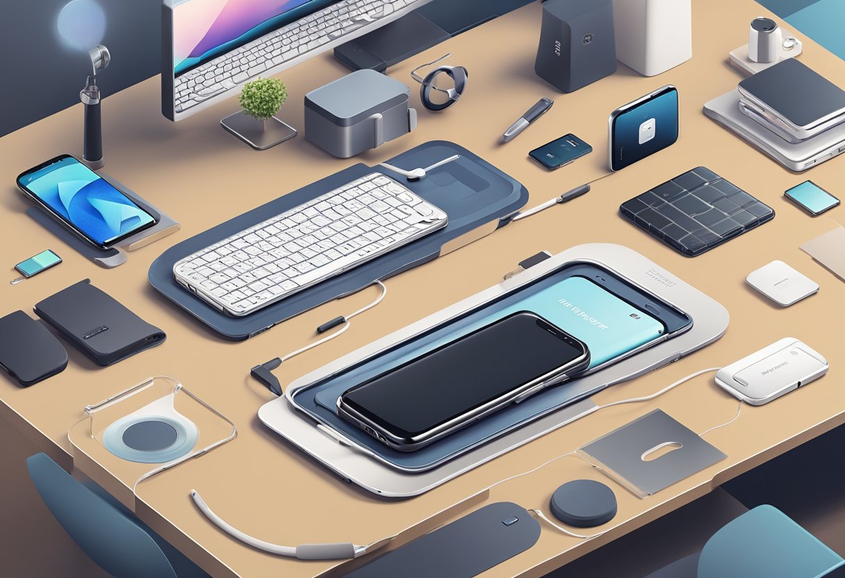 A Samsung Galaxy Ring sits on a desk surrounded by various compatible devices and accessories, creating a seamless ecosystem