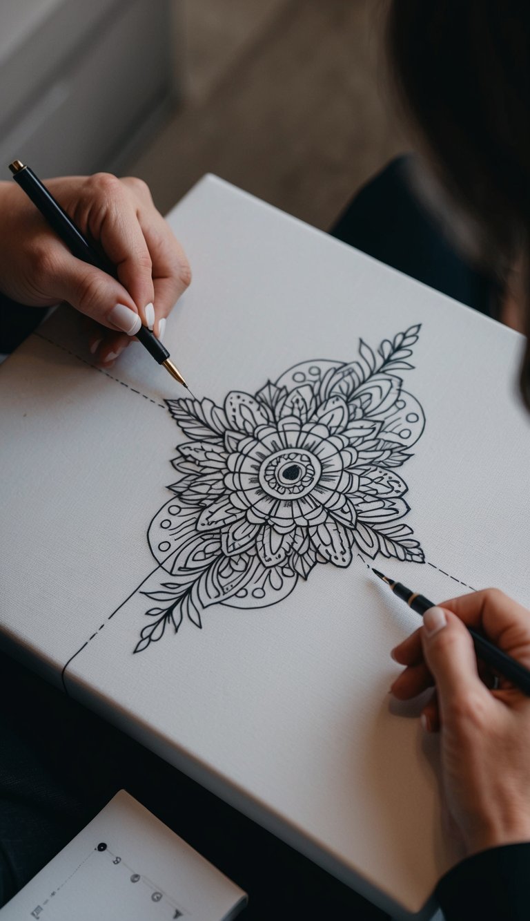 A stomach tattoo design being carefully measured and sketched on a blank canvas